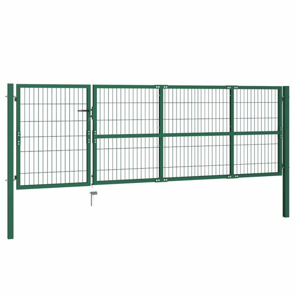 Градинска оградна порта с колони 350x100 см, стомана, зелена