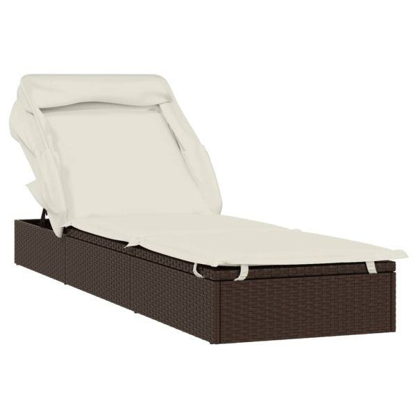Шезлонг със сгъваем покрив, кафяв, 213x63x97 см, полиратан