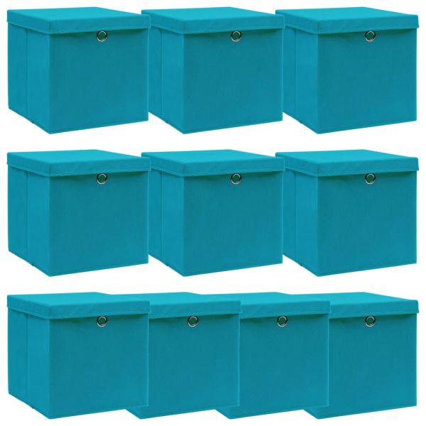 Кутии за съхранение с капак 10 бр бебешко сини 32x32x32 см плат
