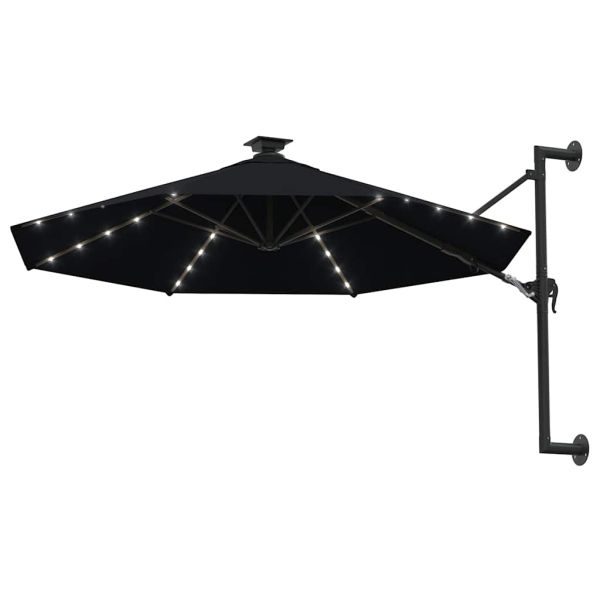 Градински чадър за монтаж на стена, с LED, 300 см, черен