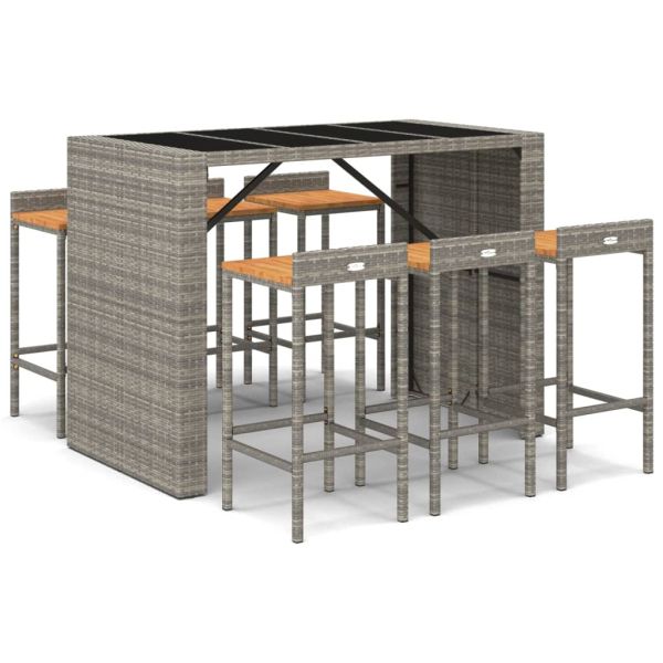 Градински бар комплект 7 части сив полиратан и акация масив