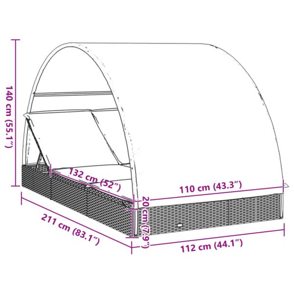 2-местен шезлонг с объл покрив черен 211x112x140 см полиратан