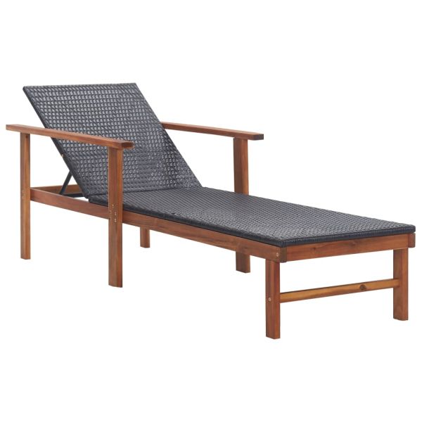 Шезлонг с възглавница, полиратан и акация масив, черен