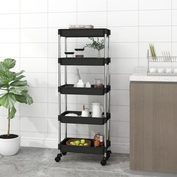 Кухненска количка на 5 нива, черна, 42x29x128 см, желязо и ABS