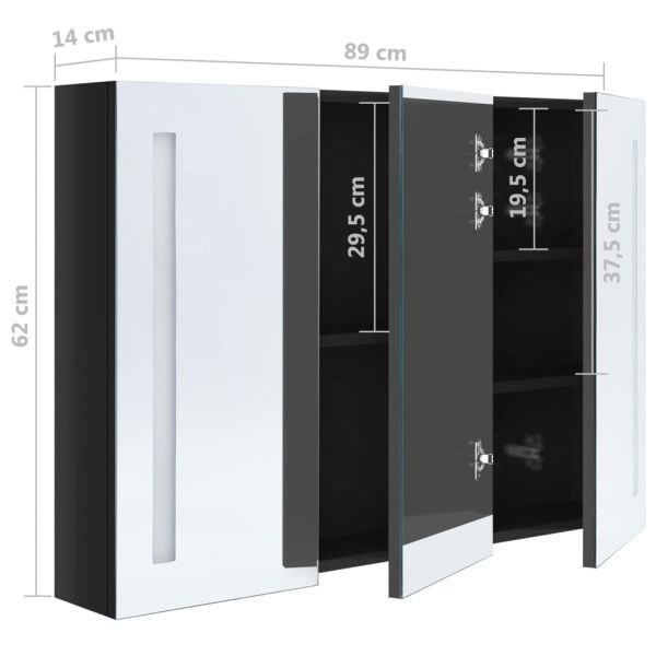 LED шкаф с огледало за баня, 89x14x62 см, сияйно черно