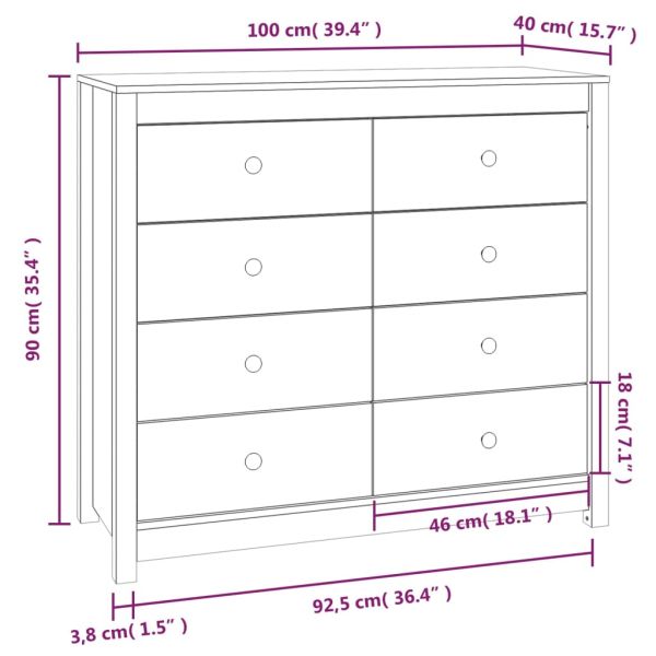 Страничен шкаф бял 100x40x90 см борово дърво масив