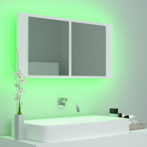 Шкаф с LED огледало за баня, бял, 90x12x45 см, акрил