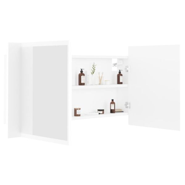 Шкаф с LED огледало за баня, бял, 90x12x45 см, акрил