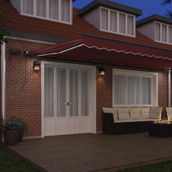 Ръчно прибираща се тента с LED, бордо, 600x300 см