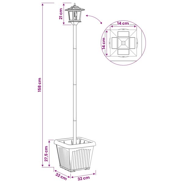Слънчев стълб с саксия with LED Bulb Черно 32 x 32 x 158 см