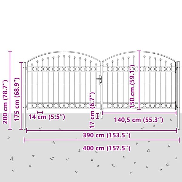 Оградна порта ASSEN с двойна врата с арковиден връх, стомана 400x150 см