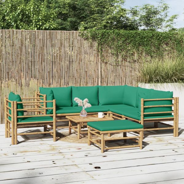 Градински лаундж комплект, 8 части, зелени възглавници, бамбук