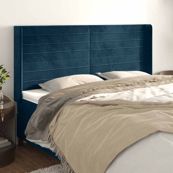 Горна табла за легло с уши, тъмносиня,183x16x118/128 см, кадифе