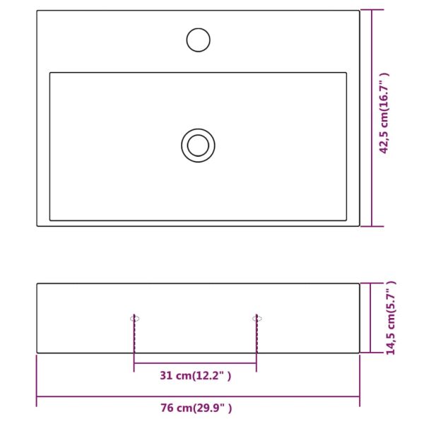 Мивка с отвор за смесител, керамична, бяла 76x42,5x14,5 см