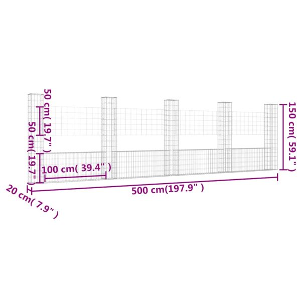U-образна габионна кошница с 5 стълба, желязо, 500x20x150 см