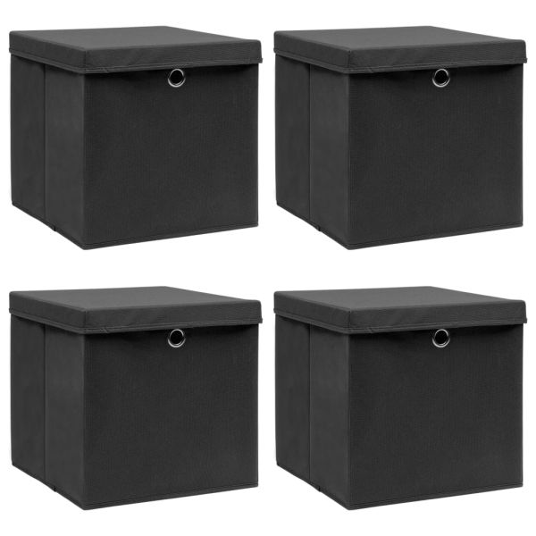 Кутии за съхранение с капаци 4 бр черни 32x32x32 см плат