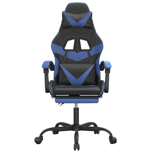 Въртящ гейминг стол с опора за крака черно-син изкуствена кожа