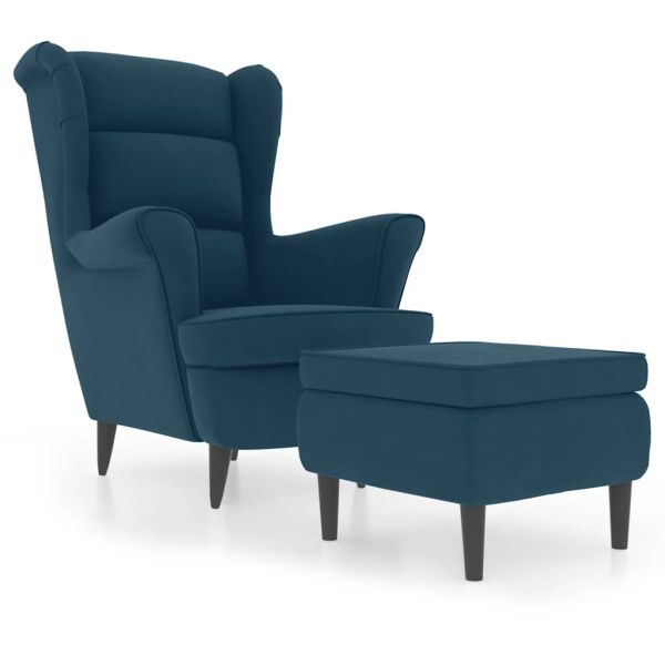 Фотьойл Wingback с табуретка, син, кадифе