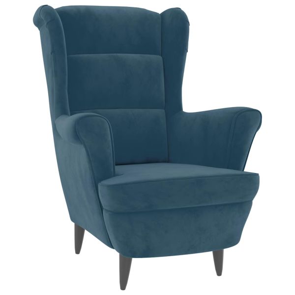 Фотьойл Wingback с табуретка, син, кадифе