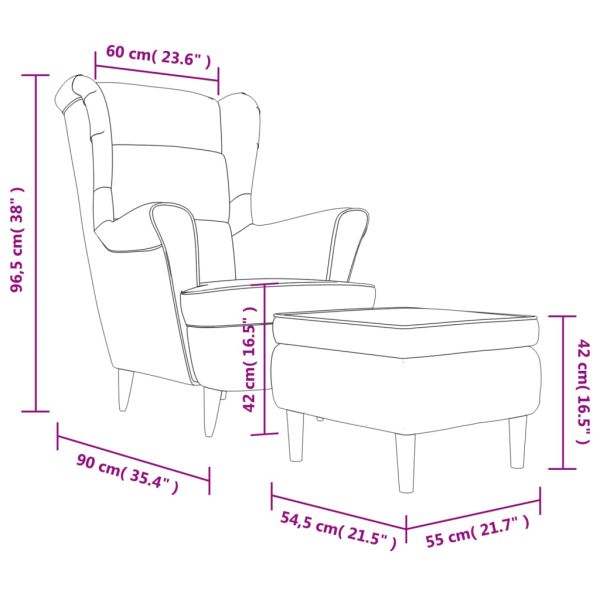 Фотьойл Wingback с табуретка, тъмносив, кадифе