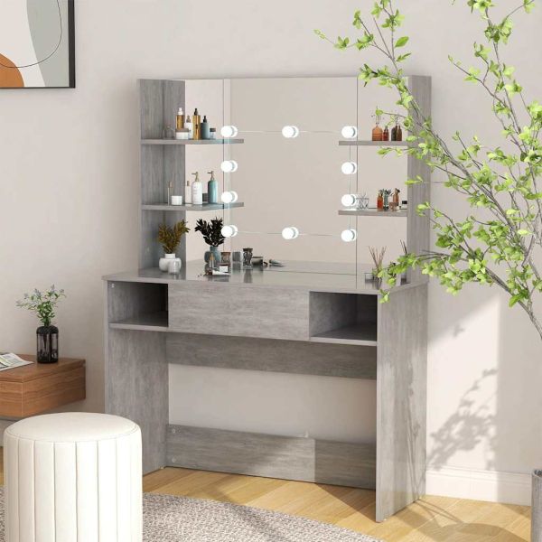 Тоалетка с LED лампи, 100x40x135 см, МДФ, бетонно сиво