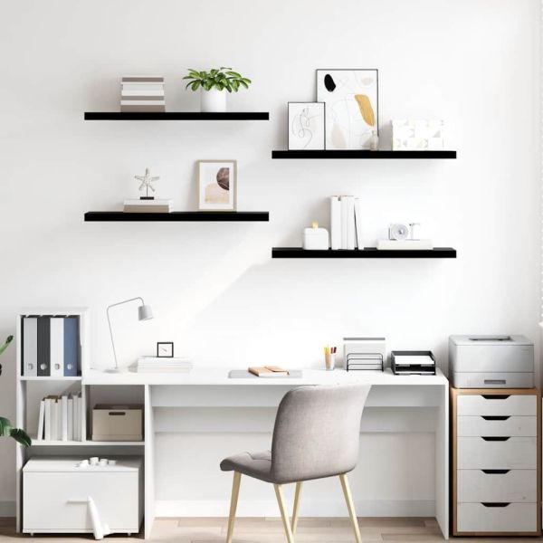 Окачени стенни рафтове, 4 бр, черен гланц, 90x23,5x3,8 см, МДФ