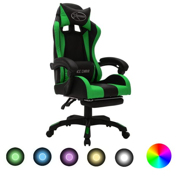 Геймърски стол RGB LED осветление зелено/черно изкуствена кожа