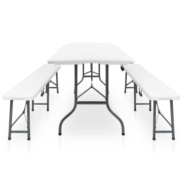 Сгъваема градинска маса с 2 пейки, 180 см, стомана и HDPE, бяла