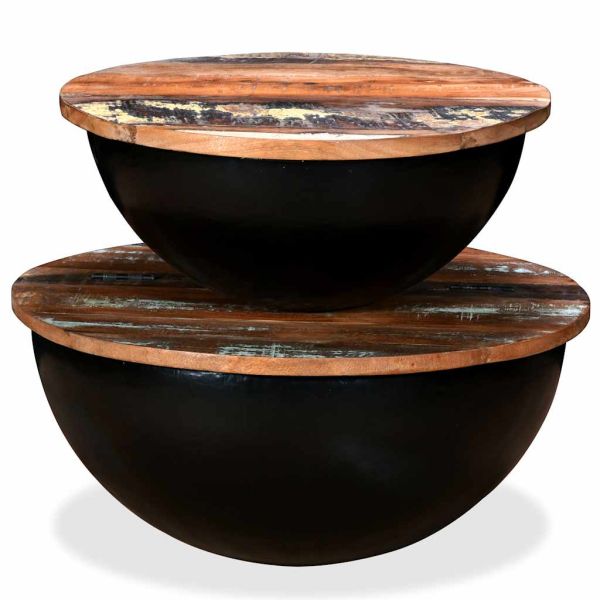 Кафе маси, 2 части, регенерирано дърво, черни, куповидна форма