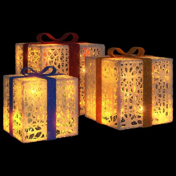 Светещи коледни кутии, 3 бр, 64 LED светлини, топло бяло