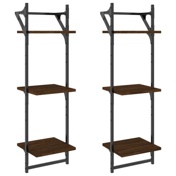 Триетажни стенни рафтове с пръти 2 бр кафяв дъб 30x25x100 см
