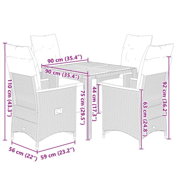 Градински бистро комплект с възглавници 5 части сив полиратан