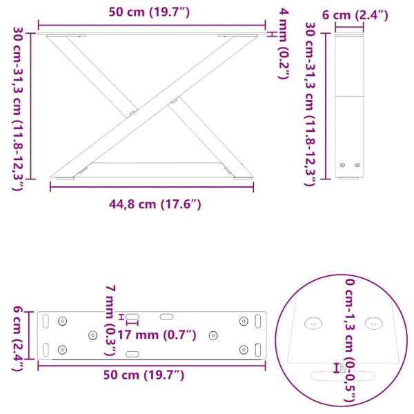Крака за масичка за кафе, 2 бр., естествена стомана, 50 x (30-31,3) см, стомана