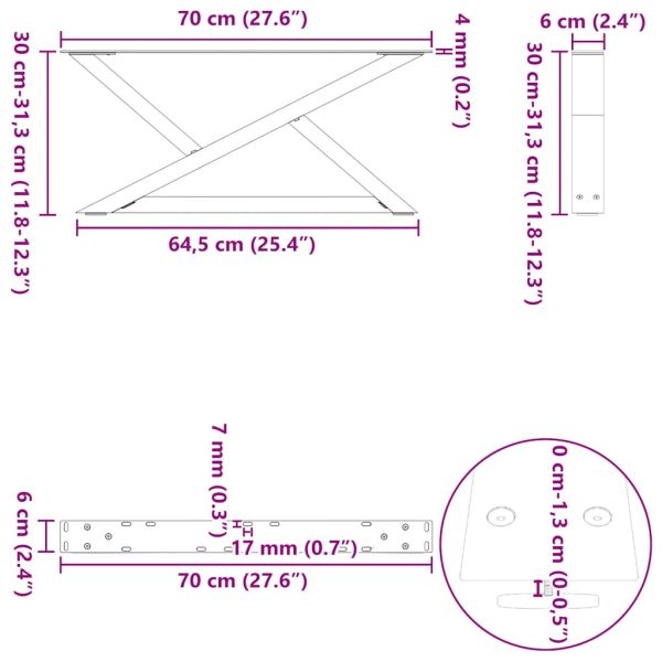 Крака за масичка за кафе, 2 бр., бели, 70 x (30-31,3) см, стомана