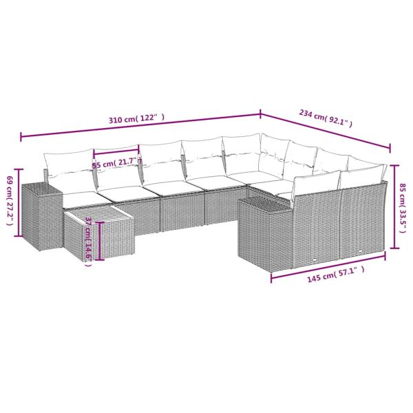 Комплект градински дивани с възглавници, 10 части, сив, полиратан