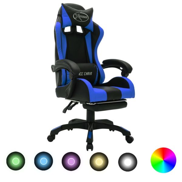 Геймърски стол RGB LED осветление синьо/черно изкуствена кожа