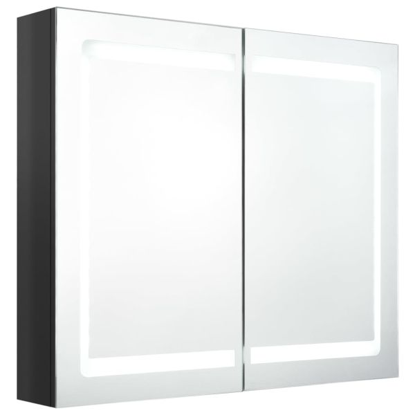 LED шкаф с огледало за баня, сияйно черно, 80x12x68 см