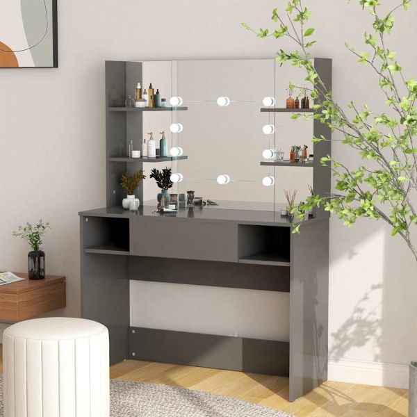 Тоалетка с LED лампи, 100x40x135 см, МДФ, сива