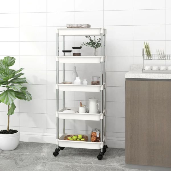 Кухненска количка на 5 нива, бяла, 42x29x128 см, желязо и ABS