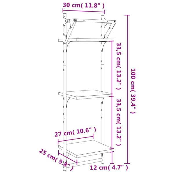 Триетажни стенни рафтове с пръти 2 бр черни 30x25x100 см
