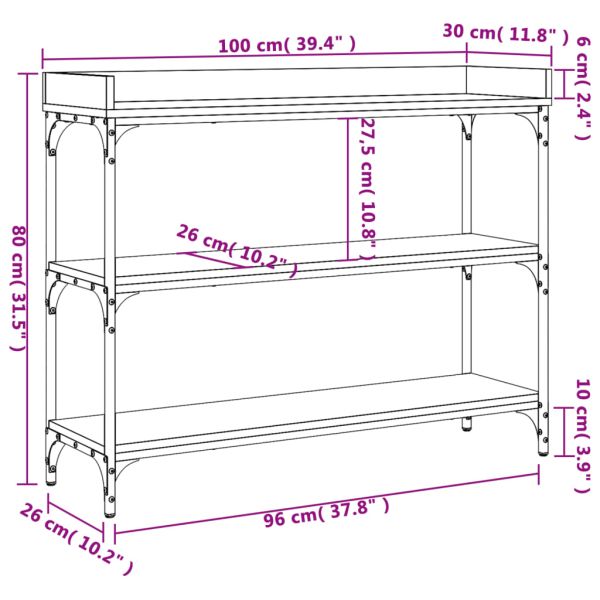 Конзолна маса с рафтове, опушен дъб, 100x30x80 cм