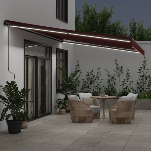 Ръчно прибираща се тента с LED, бордо, 600x350 см