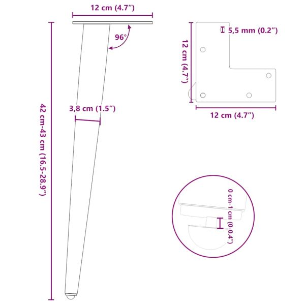Крака за масичка за кафе, конична форма, 4 бр., антрацит, 42-43 см, стомана