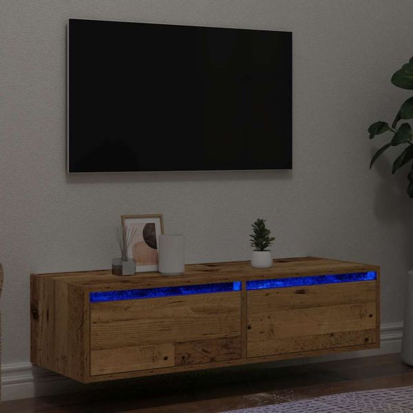 ТВ шкаф с LED осветление, старо дърво, 100X35,5x25 см