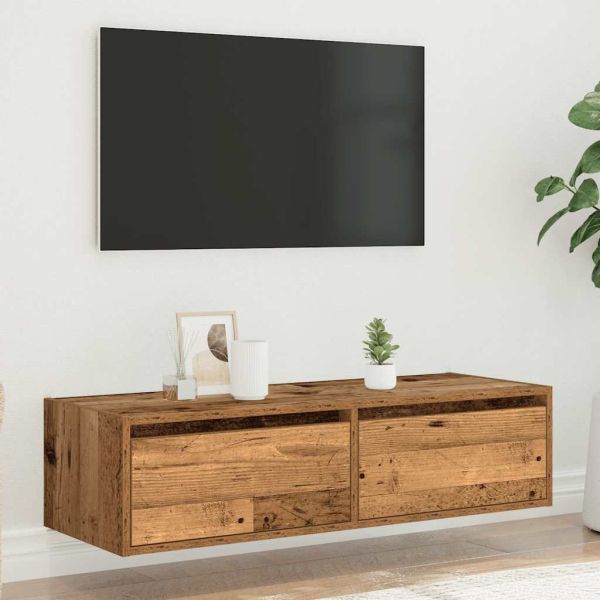 ТВ шкаф с LED осветление, старо дърво, 100X35,5x25 см