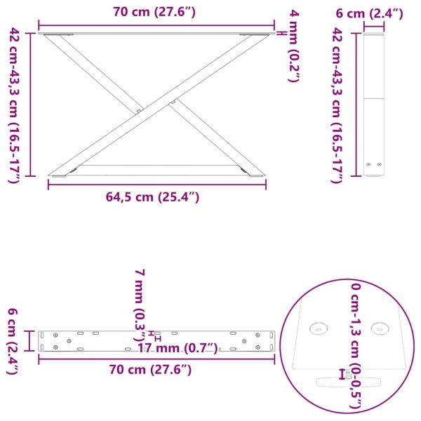Крака за масичка за кафе, 2 бр., естествена стомана, 70 x (42-43,3) см, стомана