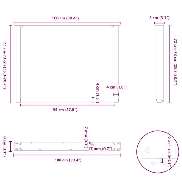 Крака за трапезна маса, U-образни, 2 бр., естествена стомана, 100 x (72-73) см, стомана
