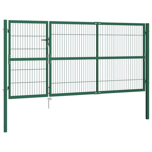 Градинска оградна порта с колони 350x140 см, стомана, зелена