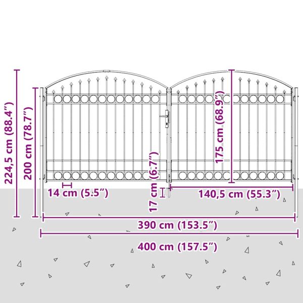 Оградна порта ASSEN с двойна врата с арковиден връх, стомана 400x175 см