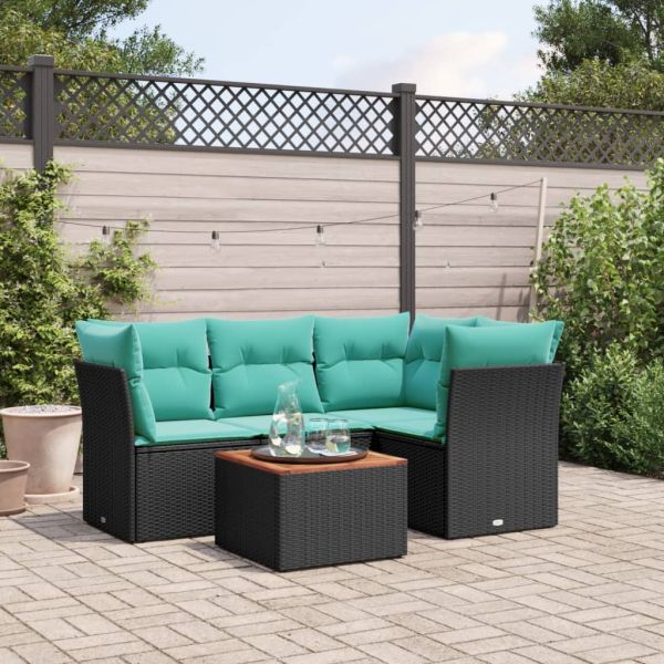 Градински комплект диван с възглавници 5 части черен полиратан